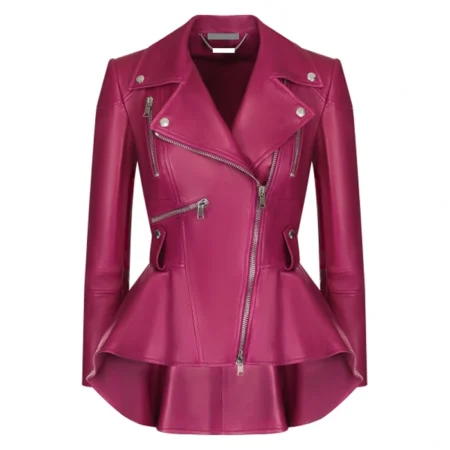 Womens Pink Peplum Leather Jacket Main webp