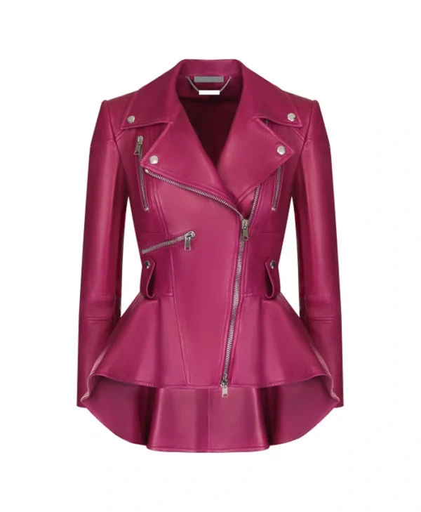 Womens Pink Peplum Leather Jacket Main webp