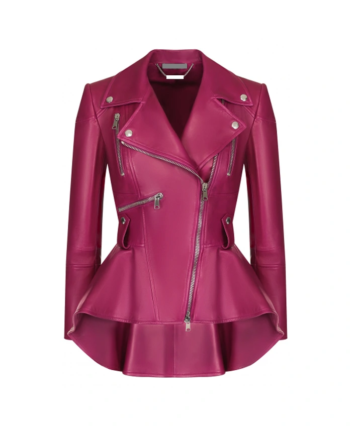 Womens Pink Peplum Leather Jacket Main webp Womens Pink Peplum Leather Jacket Main webp