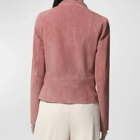 Womens Pink Suede Leather Biker Jacket Back webp