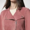Womens Pink Suede Leather Biker Jacket Collar webp