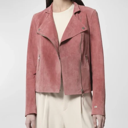 Womens Pink Suede Leather Biker Jacket Main webp