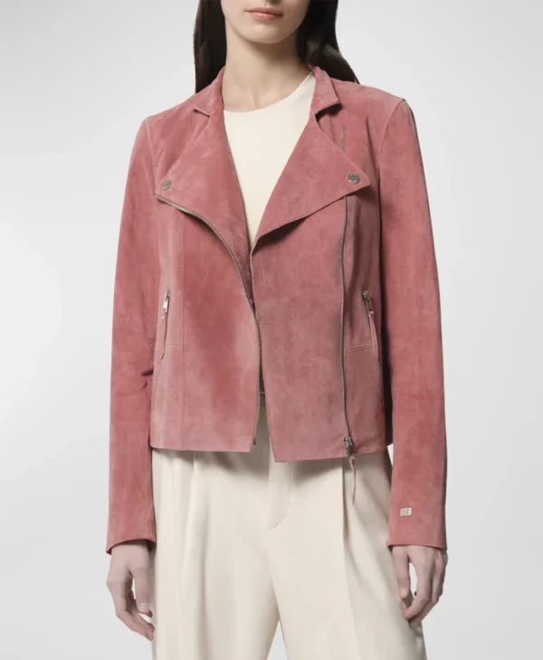 Womens Pink Suede Leather Biker Jacket Main webp