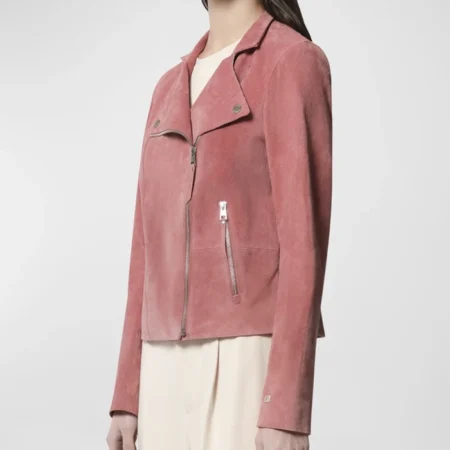 Womens Pink Suede Leather Biker Jacket Right webp