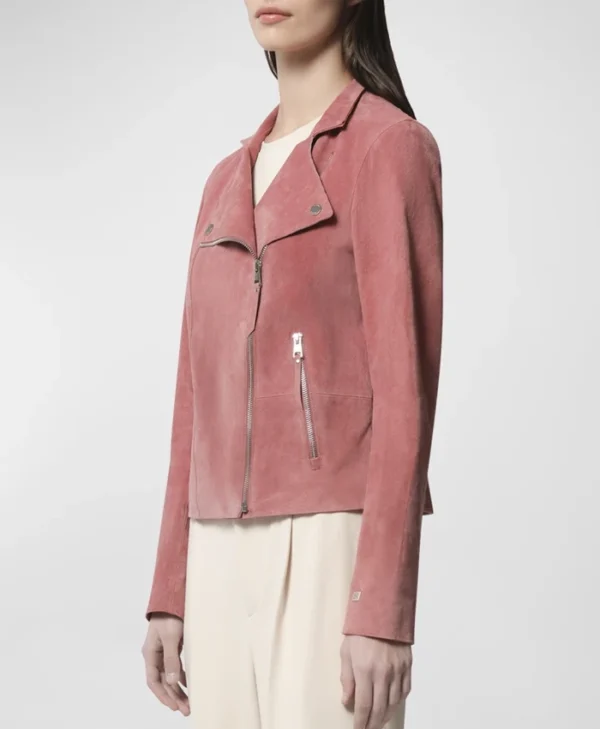 Womens Pink Suede Leather Biker Jacket Right webp