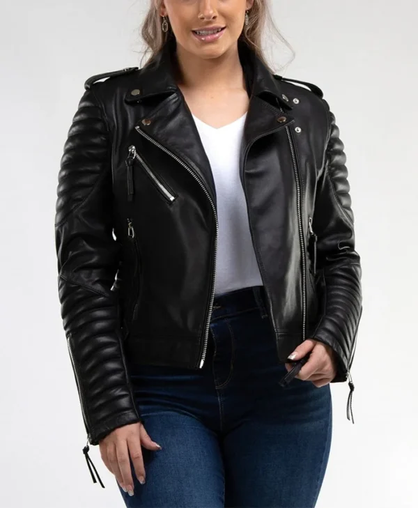 Womens Racer Quilted Leather Jacket Main webp