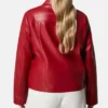 Womens Red Drop Down Collar Leather Jacket Back webp