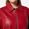 Womens Red Drop Down Collar Leather Jacket Collar webp