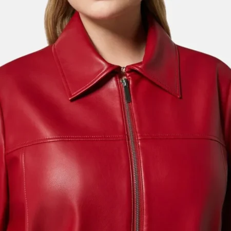 Womens Red Drop Down Collar Leather Jacket Collar webp