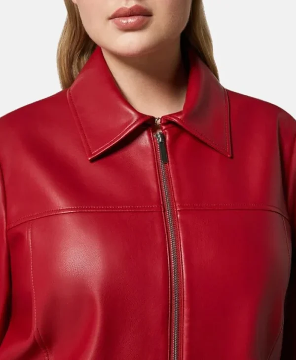 Womens Red Drop Down Collar Leather Jacket Collar webp