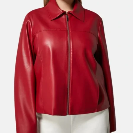 Womens Red Drop Down Collar Leather Jacket Main webp