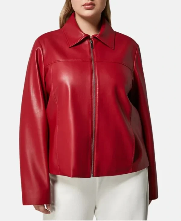 Womens Red Drop Down Collar Leather Jacket Main webp