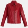 Womens Red Drop Down Collar Leather Jacket Zipper webp
