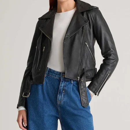 Womens Seamless Black Biker Leather Jacket Main webp