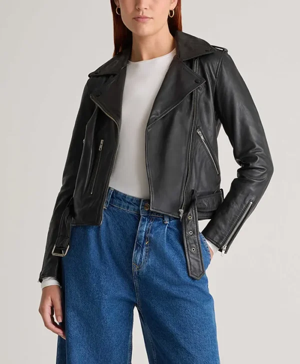 Womens Seamless Black Biker Leather Jacket Main webp