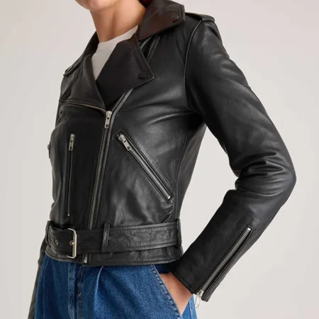 Womens Seamless Black Biker Leather Jacket Side webp