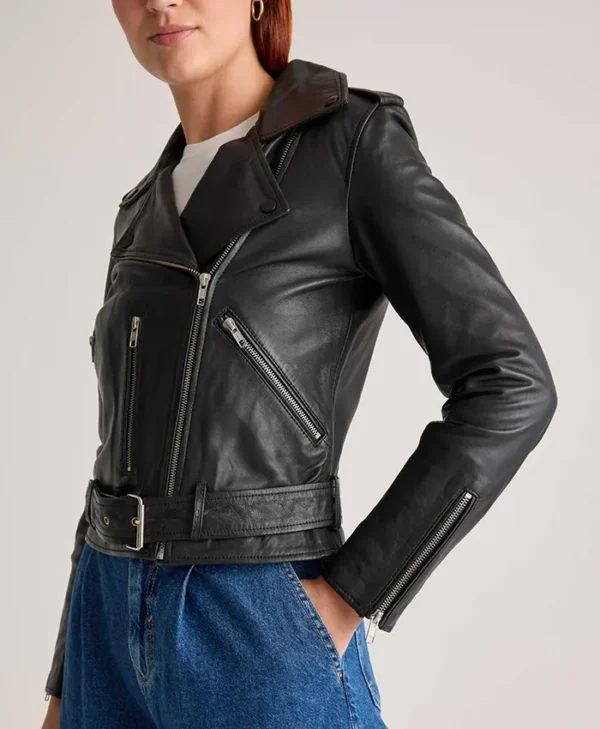 Womens Seamless Black Biker Leather Jacket Side webp