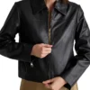 Womens Shirt Style Collar Black Leather Motorcycle Jacket Closure webp