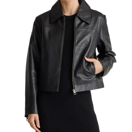 Womens Shirt Style Collar Black Leather Motorcycle Jacket Main webp