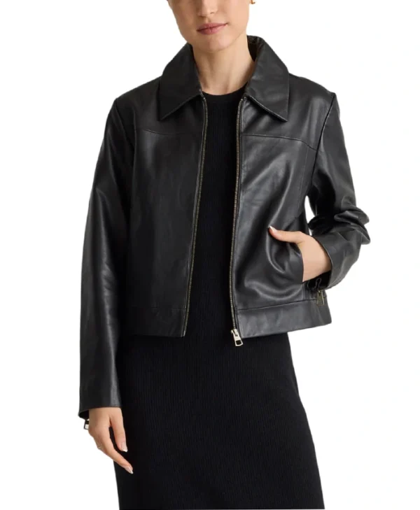 Womens Shirt Style Collar Black Leather Motorcycle Jacket Main webp