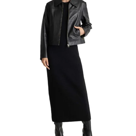 Womens Shirt Style Collar Black Leather Motorcycle Jacket Stand webp