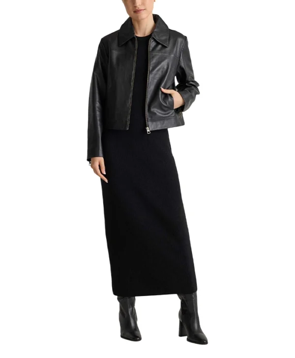 Womens Shirt Style Collar Black Leather Motorcycle Jacket Stand webp