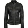 Womens Simple Black Distressed Leather Jacket Main webp