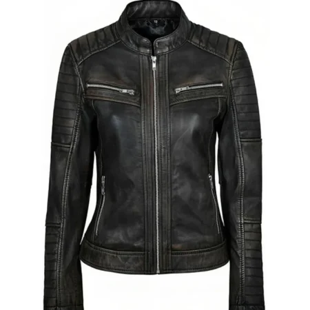 Womens Simple Black Distressed Leather Jacket Main webp