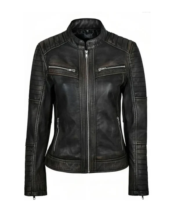 Womens Simple Black Distressed Leather Jacket Main webp