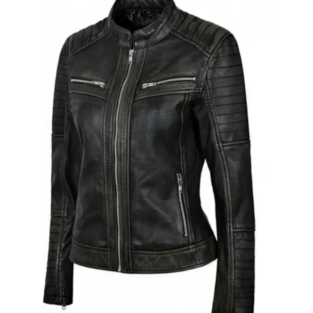 Womens Simple Black Distressed Leather Jacket Side webp