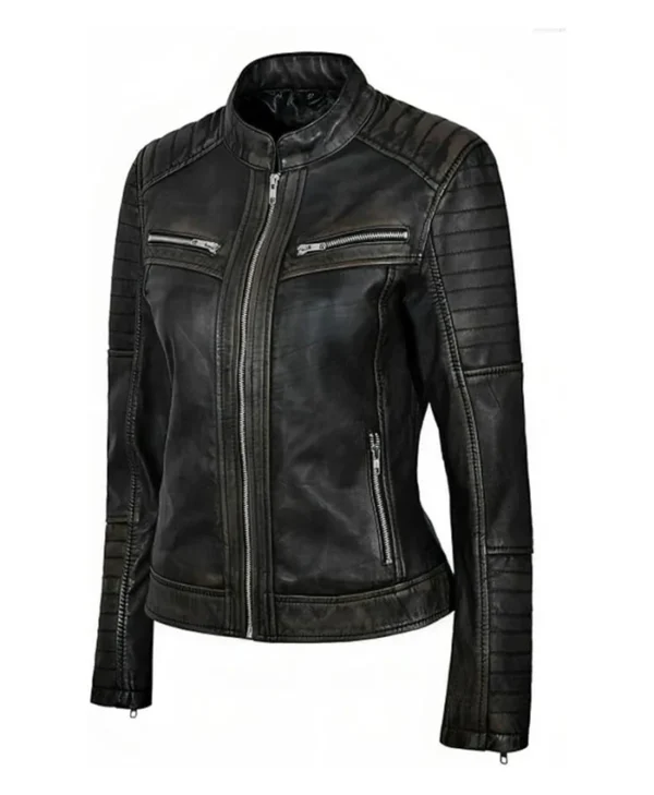 Womens Simple Black Distressed Leather Jacket Side webp