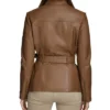 Womens Stand Up Collar Brown Belted Leather Jacket Back webp
