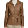 Womens Stand Up Collar Brown Belted Leather Jacket Main webp