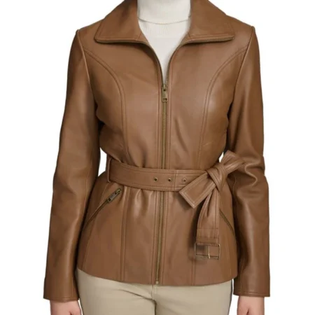 Womens Stand Up Collar Brown Belted Leather Jacket Main webp