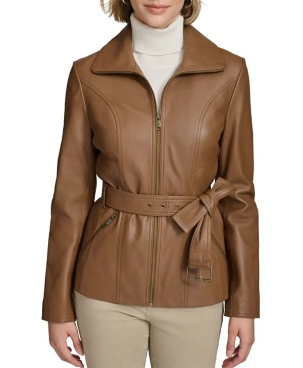 Womens Stand Up Collar Brown Belted Leather Jacket Main webp