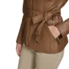 Womens Stand Up Collar Brown Belted Leather Jacket Pockets webp