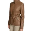 Womens Stand Up Collar Brown Belted Leather Jacket Side webp