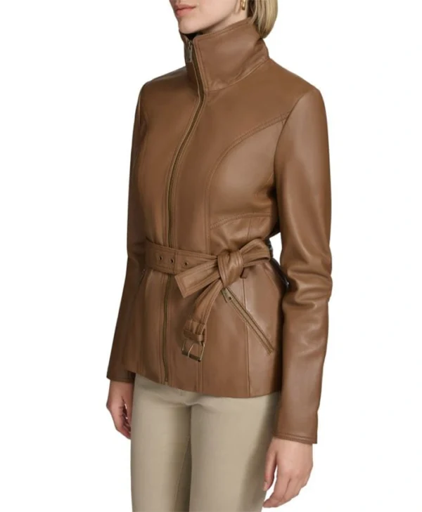 Womens Stand Up Collar Brown Belted Leather Jacket Side webp