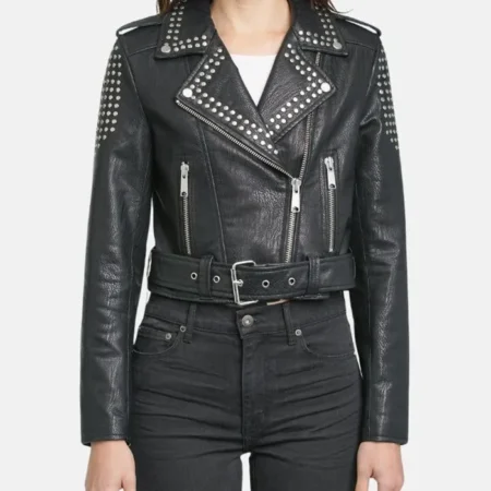Womens Studded Biker Jacket Zipper webp