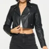 Womens Stylish Black Cropped Leather Jacket Main webp
