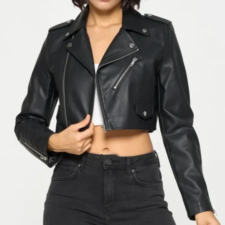 Womens Stylish Black Cropped Leather Jacket Main webp