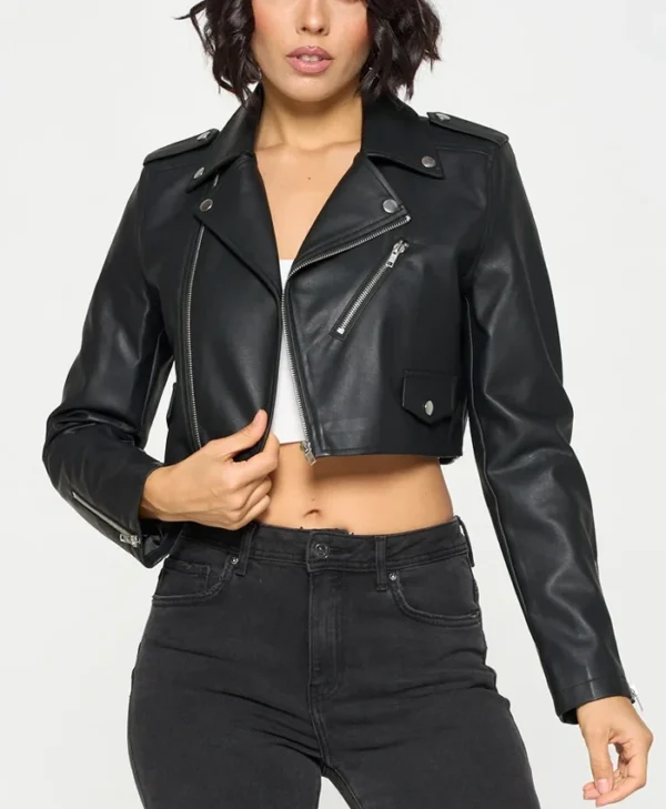 Womens Stylish Black Cropped Leather Jacket Main webp