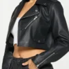 Womens Stylish Black Cropped Leather Jacket Pockets webp