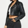 Womens Stylish Black Cropped Leather Jacket Side webp