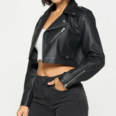 Womens Stylish Black Cropped Leather Jacket Side webp