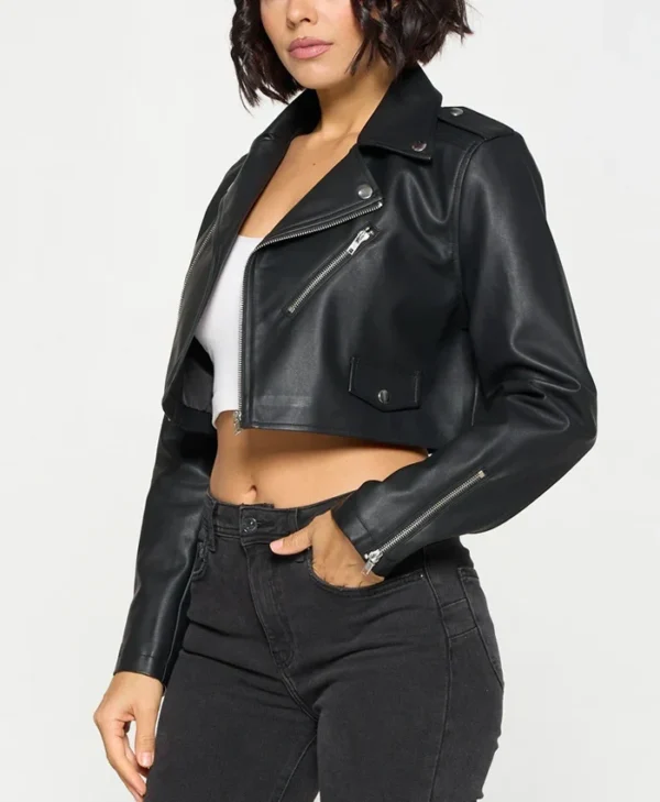 Womens Stylish Black Cropped Leather Jacket Side webp