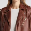 Womens Stylish Leather Biker Jacket Brown Collar webp