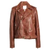 Womens Stylish Leather Biker Jacket Brown Front webp