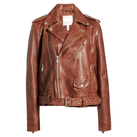 Womens Stylish Leather Biker Jacket Brown Front webp