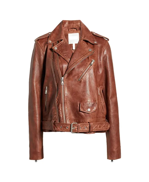 Womens Stylish Leather Biker Jacket Brown Front webp